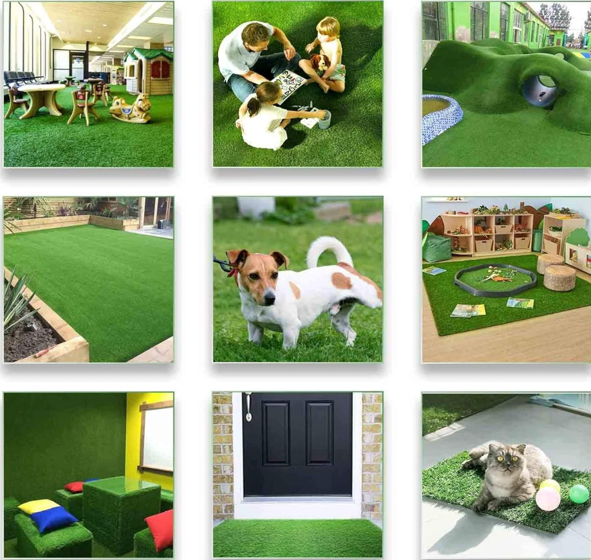 9 different images of turf in different scenarios in which they would be in the backyard