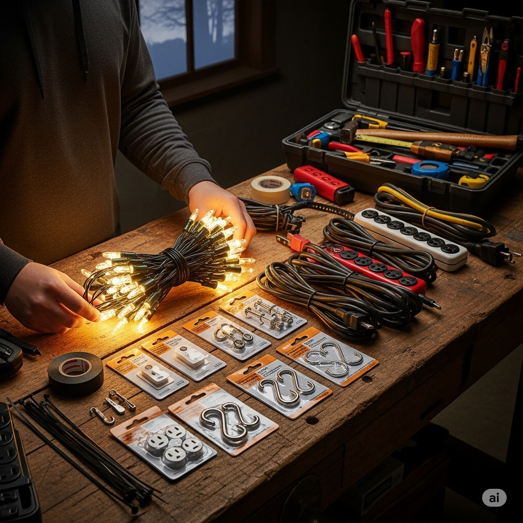 a desk with all the tools you need to instal or hang lights in your back yard