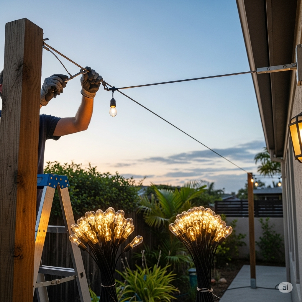 a man hanging a bulb on a light while standing on a ladder in the backyard 