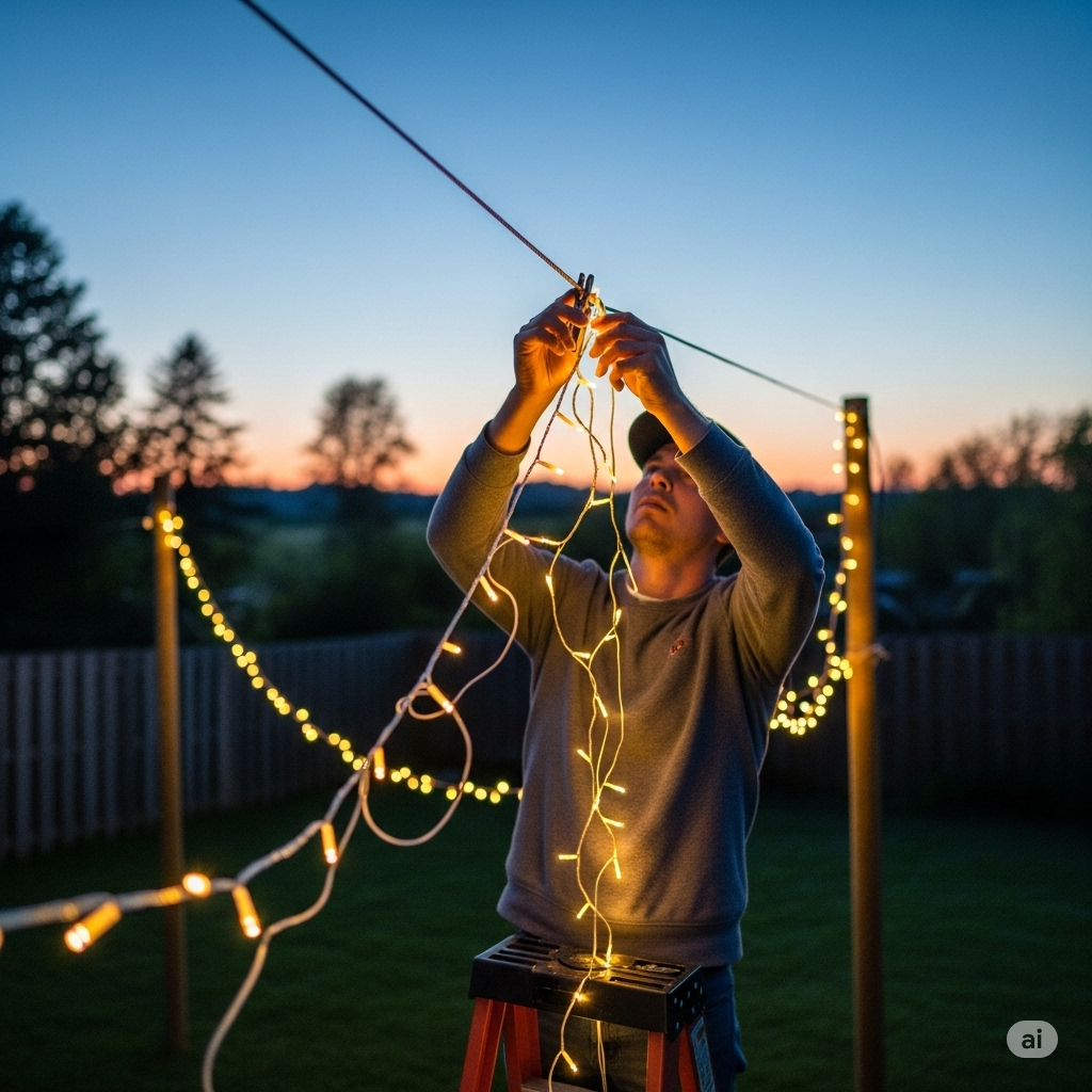 a man pinning wired lights onto a rope thats hanging in a backyard