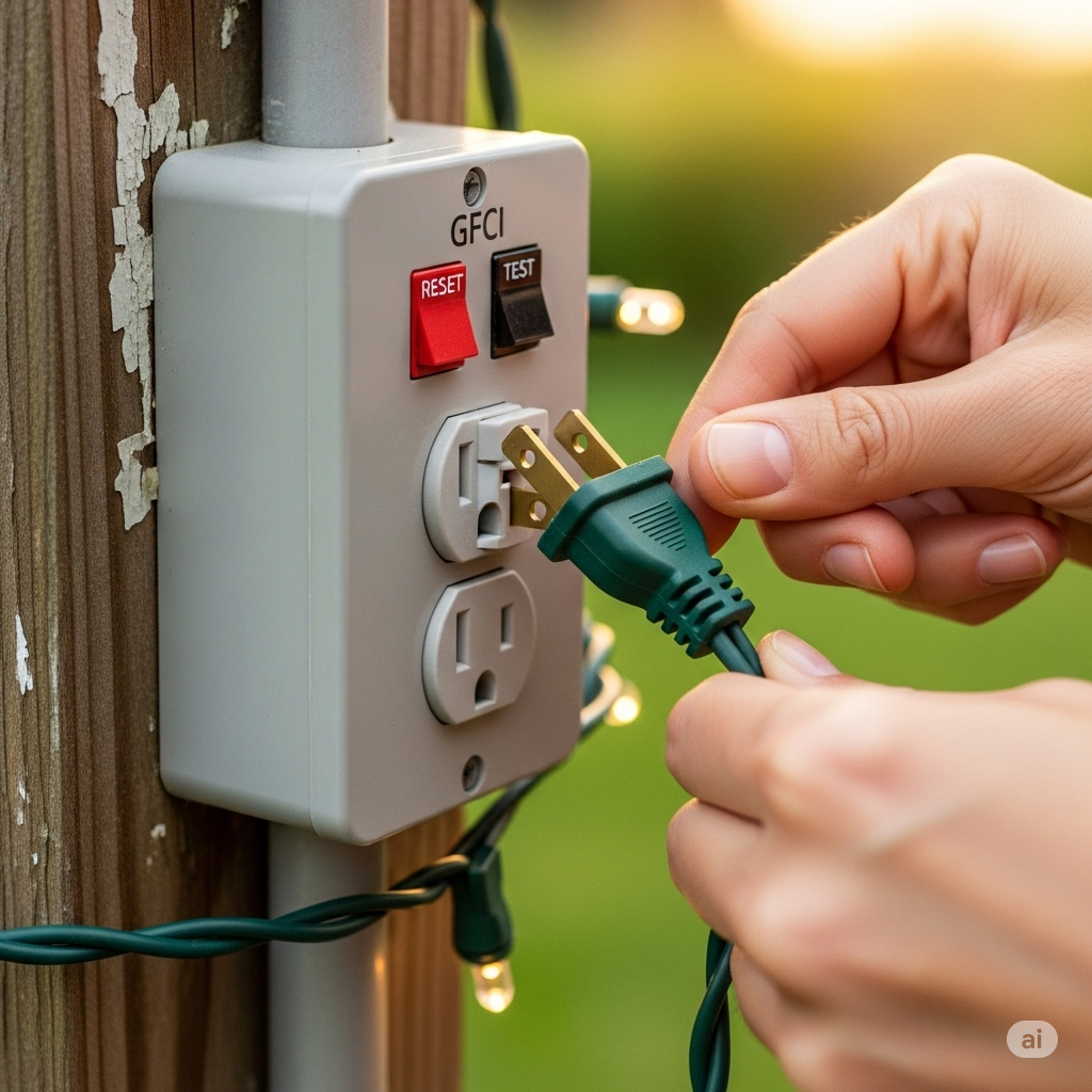 a person pluggin a green plug into a gren power outlet in a backyard
