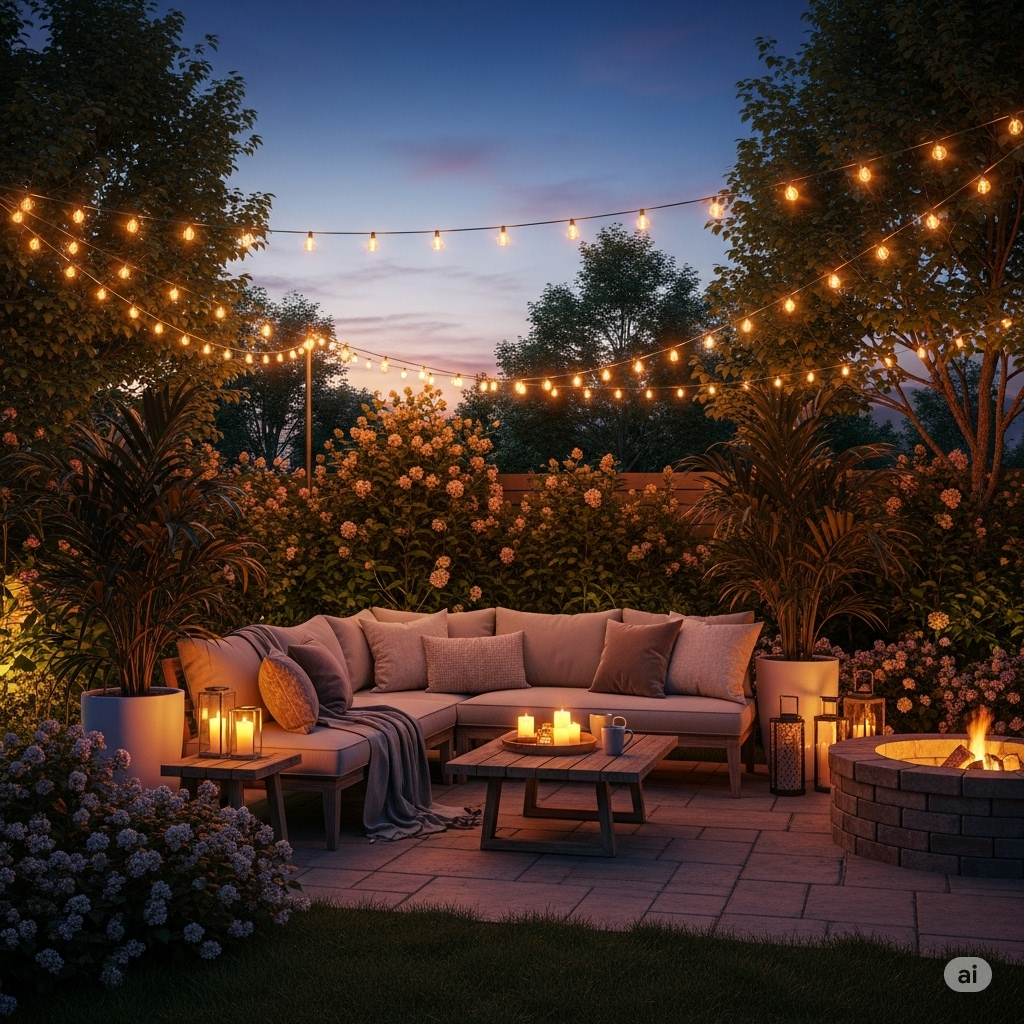 a backyard setting with nice folligae and folowers candle lights and hanging string lights above a big L shaped couch